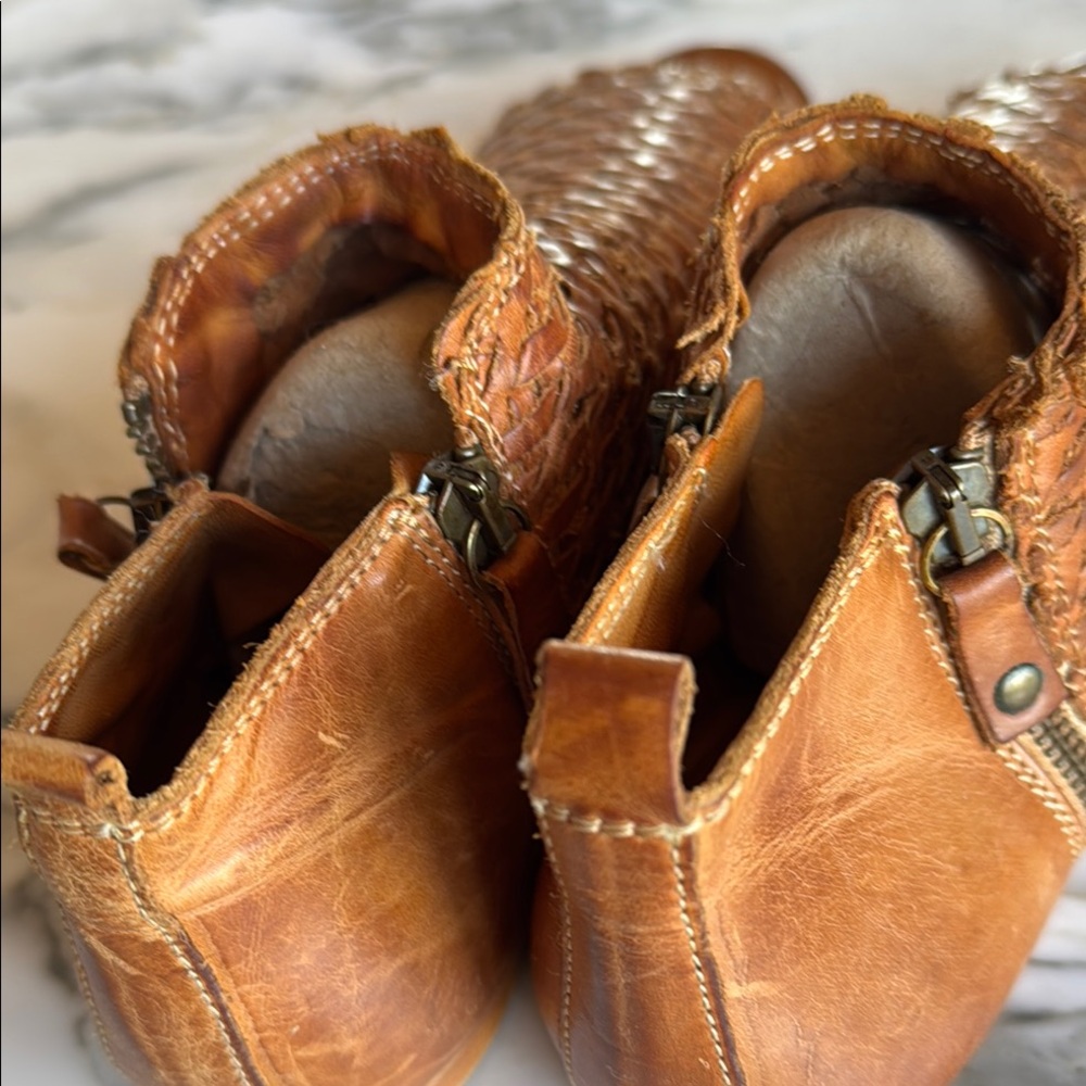 Sundance Woven Leather Peep Toe by Booties Cognac Back Zip Boho Women’s 38/7.5 - Picture 14 of 16